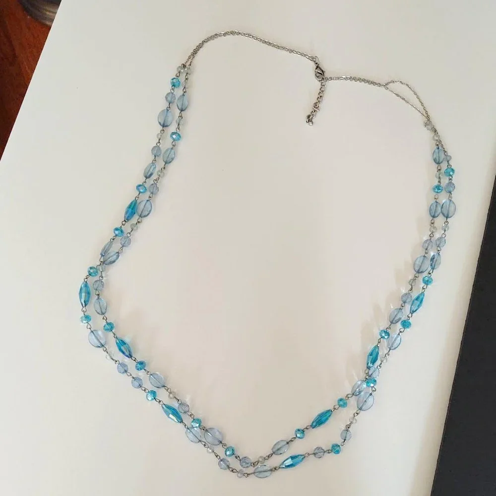 Long double strand blue beaded necklace